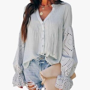 Eyelet Lace Detail Long Sleeve Top